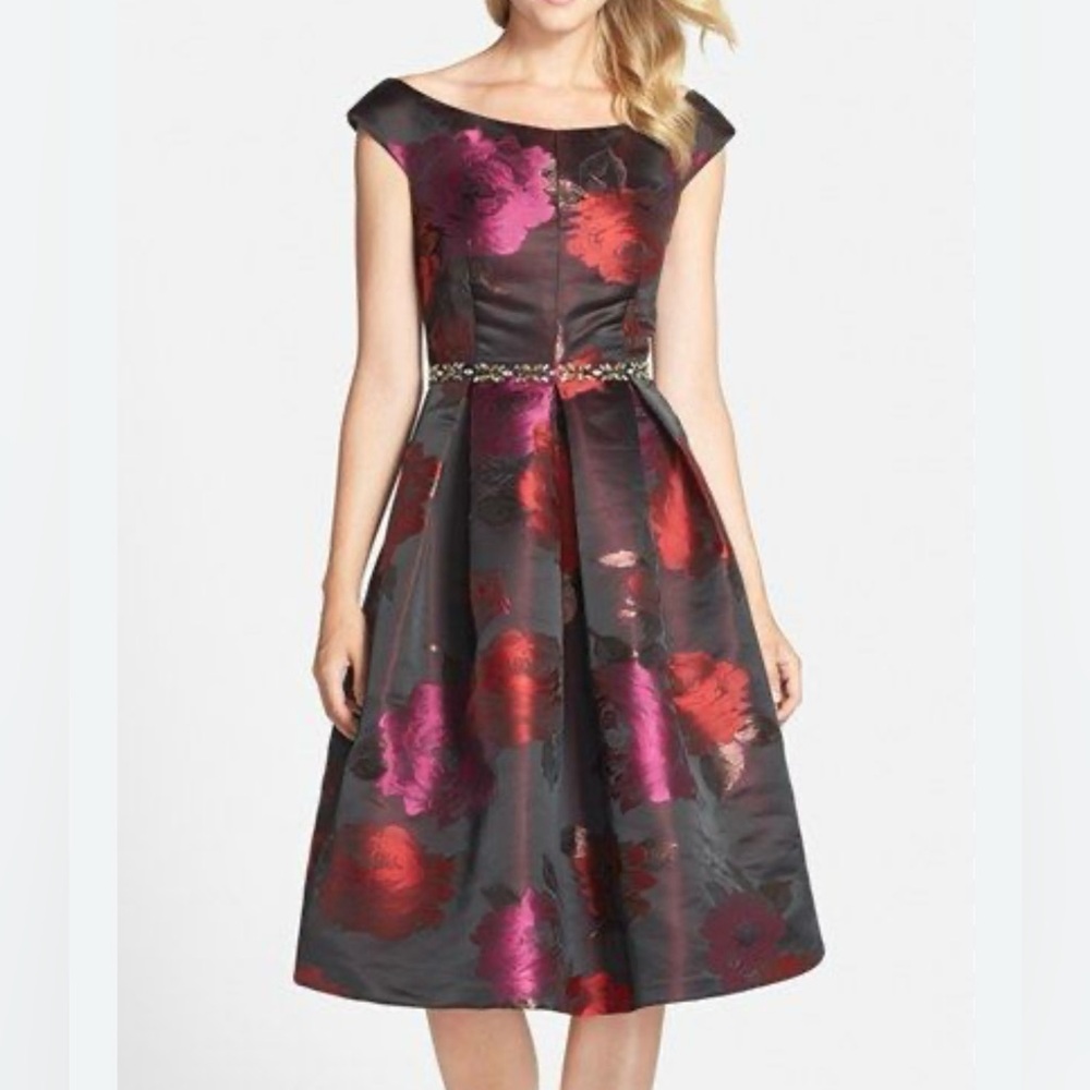 Eliza J- Black + red fit and flare dress with rose print and bejeweled waist. 8